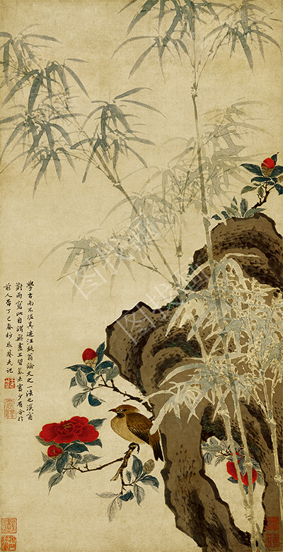 清 王武 花竹栖禽图 纸本 41x80cm